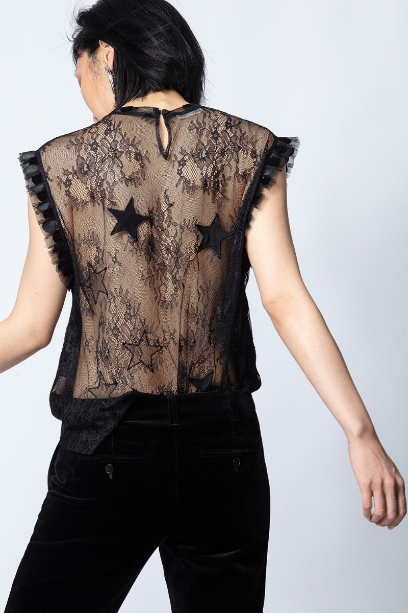 Top Tetro Lace - Top noir femme, en dentelle et tulle imprimé.